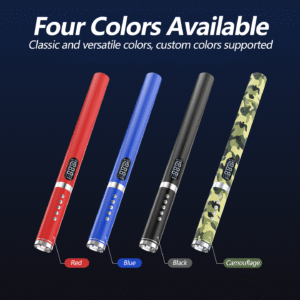 Portable 4-in-1 safety baton with flashlight, air pump, and window breaker for car emergencies.